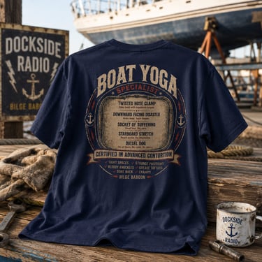 Navy blue Boat Yoga Specialist t-shirt with vintage nautical graphics displayed on a rustic wooden dock.
