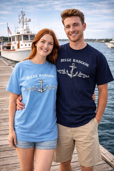 A couple wearing Bilge Baboon anchor graphic t-shirts on a dock with a boat in the background.