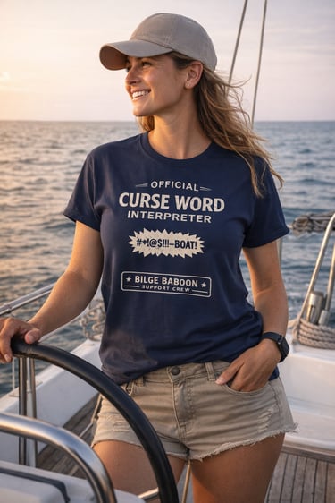 A smiling woman wearing a funny sailing t-shirt and baseball cap steering a sailboat at sunset.