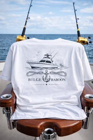 White Bilge Baboon fishing t-shirt with boat graphic on a sport fishing boat deck.