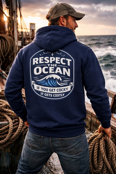 A man on a boat wearing a navy blue hoodie with a Respect the Ocean graphic on the back.