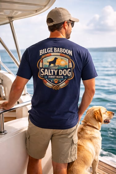 A man on a boat wearing a navy Bilge Baboon Salty Dog t-shirt standing next to a yellow Labrador.