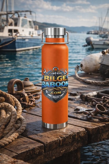 Orange insulated water bottle with Bilge Baboon logo on a rustic wooden boat dock at a marina.