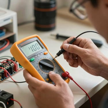 A close-up shot of a professional technician using a digital multimeter to test an electrical circuit in a residential Brazilian setting, professional and precise.