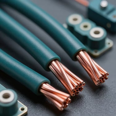 A macro photograph of high-quality electrical copper wiring and modern circuit components, deep teal and dark gray color palette, sharp industrial photography style.