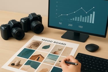 Detailed image of a content planning session with a mood board, digital cameras, and social media analytics on a screen. Palette features #0F3D4D and #FDF8ED.