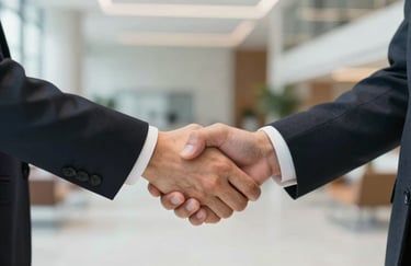 A focused shot of two professionals shaking hands in a bright, modern lobby, conveying reliability and expertise.
