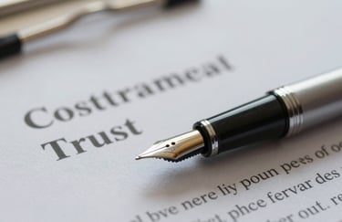 A close-up of a high-quality fountain pen resting on a financial contract, symbolizing trust and agreement, with a soft blur in #4A6D6B tones.