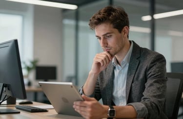A portrait of a software designer in professional attire, looking thoughtfully at a tablet, in a modern Eastern European office setting.