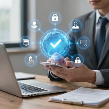A professional consultant reviewing data charts on a laptop in a modern office setting.