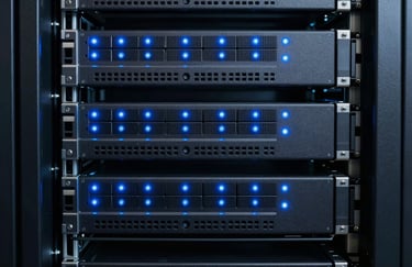 A close-up photograph of a clean, organized server rack with small blue LED indicator lights, symbolizing robust and secure infrastructure in a North American data center.