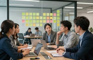 A group of tech professionals having an active brainstorming session in a glass-walled meeting room, with sticky notes on the wall, in a North American corporate office.