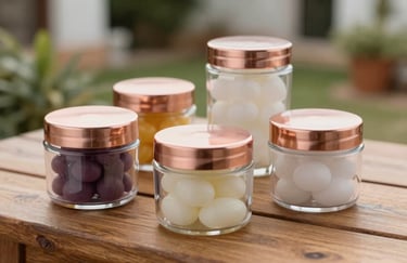 Artistic presentation of custom slime kits in elegant clear containers with rose gold lids, arranged on a wooden surface in a Spanish garden.