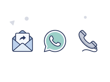 Flat line icons for email, WhatsApp message, and telephone support contact options.