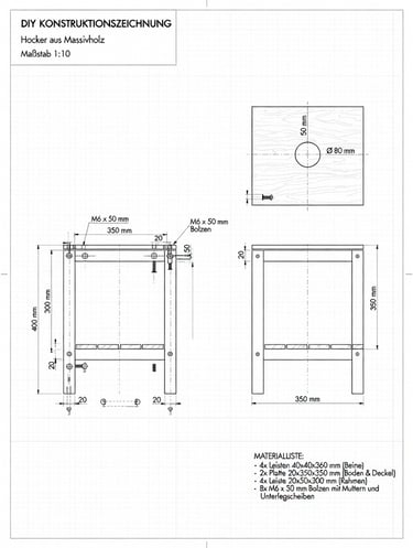 DIY technical drawing for a solid wood yoni steam pecifications, and a material list.