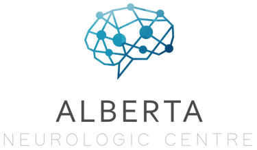 Alberta Neurologic Centre logo featuring a blue geometric digital brain illustration and professional typography.