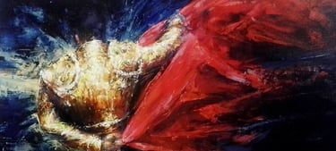 Pintura al oleo con torero de espaldas levantando una muleta de color rojo con mucho movimiento