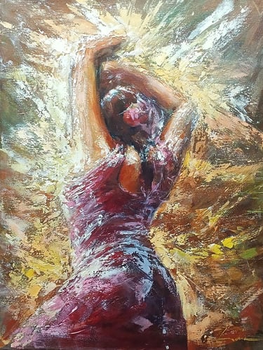 Pintura original al óleo de una bailarina flamenca en movimiento, creada con técnica de espátula por el artista ArtLeiva.