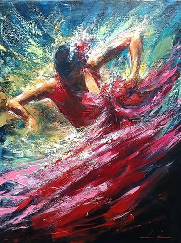 Pintura artística al óleo de una bailaora flamenca con vestido rojo capturando el movimiento y compás del baile andaluz.