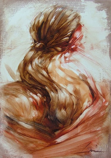 Pintura al óleo sobre papel que muestra la espalda y el cabello recogido de una mujer con técnica suave y expresionista.