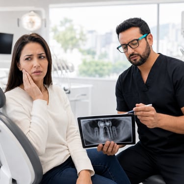 Endodoncista en Quito explicando una radiografía dental a una paciente con dolor de muela que necesi
