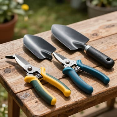 Still life photography of professional-grade garden maintenance tools like hand trowels and bypass pruners resting on a rustic wooden table in a sunlit garden.