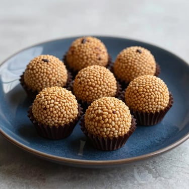 A tray of traditional Brazilian brigadeiros arranged elegantly on a dark blue ceramic plate. Soft lighting highlighting the texture and sweetness, modern professional food photography.