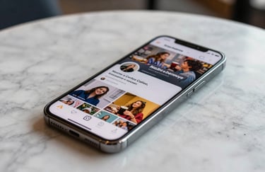 Close-up of a high-end smartphone on a marble table in a bright North American cafe, displaying a social media feed with high engagement numbers and vibrant imagery.