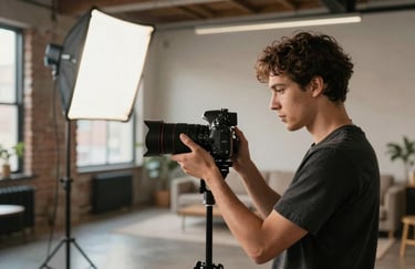 A creator in a stylish, well-lit North American loft setting, using professional lighting and a camera to produce high-quality brand content.