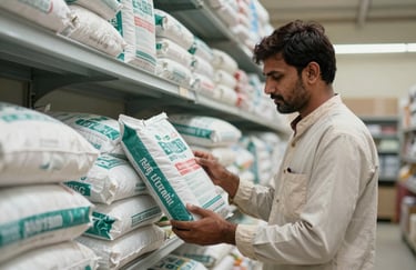 A South Asian farmer in Rajasthan inspecting high-quality fertilizer bags in a clean, organized storage facility with soft, professional lighting.