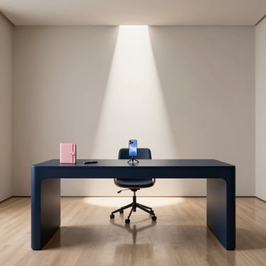 A minimalist blue executive desk in a modern home office with a smartphone on a tripod under a spotlight.
