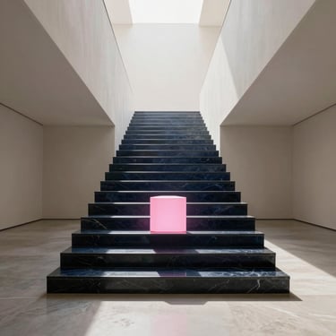 Minimalist black marble staircase with a glowing pink neon cube in a modern gallery space.