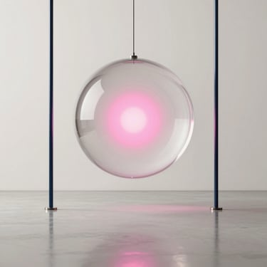 A glowing pink light inside a hanging glass sphere between two blue poles in a minimalist room.