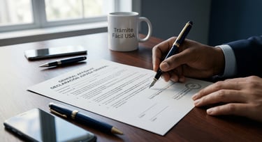 Primer plano de manos firmando una declaración jurada general Affidavit bilingüe en una oficina de Estados Unidos