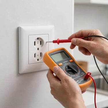 A clean, high-quality white electrical outlet being tested with a professional digital multimeter held by an electrician in a modern North American kitchen.