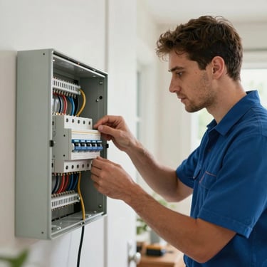 A professional electrician in a clean uniform carefully inspecting a residential circuit breaker box in a bright North American home.