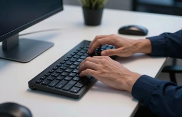 A professional's hands typing on a high-end keyboard at a minimalist white workstation with professional navy blue ambient light, North American / US office.