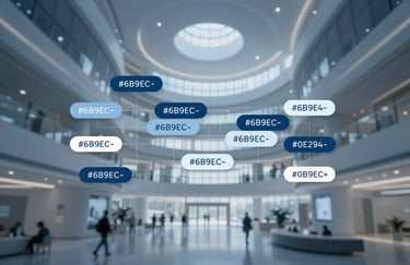 Digital twin visualization of a complex building interior, showcasing architectural layers and metadata tags in #6B9ECF and #0E2941.