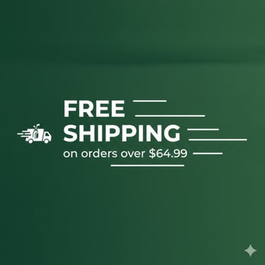 Free shipping promotion banner on a green background for orders over $64.99 with a delivery truck icon.