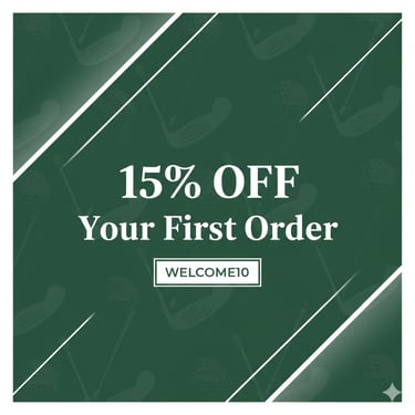 Golf discount banner offering 15% off your first order with promo code WELCOME10 on a green background.