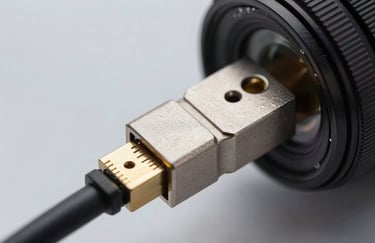 Macro shot of a high-speed data transmission cable connecting to a sleek metal port, illustrating reliability and tech expertise.