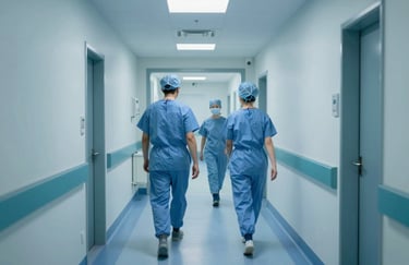 A sterile and modern hospital corridor in London, UK, featuring soft blue lighting, polished floors, and a sense of high-standard clinical order.