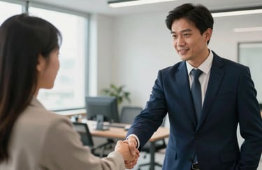 A professional consultant in a navy blue suit shaking hands with a client in a bright, modern office space.