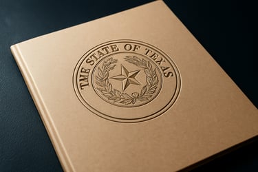Close up of an official Texas state stamped document folder lying on a premium deep navy blue leather surface.