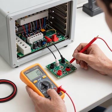A detailed shot of professional electrical tools and a digital multimeter being used to test an oven circuit board, Middle Eastern / Gulf workspace context, high precision lighting.