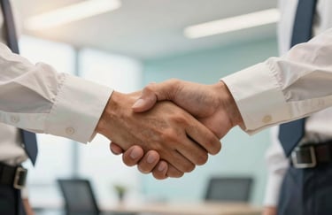 A close-up photograph of a professional handshake between two executives in a bright, modern corporate environment. North American / Global setting, soft natural lighting, with off-white and medium teal accents.