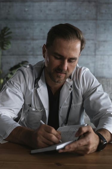 Male doctor in white coat with stethoscope writing notes in a medical journal.