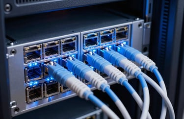 A close-up of high-speed network cabling in a server rack, glowing blue and white LEDs, professional technical setting.