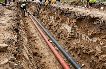 A cross-section of a deep trench in Central European / German soil, showing neat layers of sand and various colored conduits being laid by a professional team.