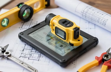 Close-up of a digital surveying tablet and professional engineering tools on a blueprint, used on a Central European / German site. The tools are clean and modern, emphasizing the planning phase.